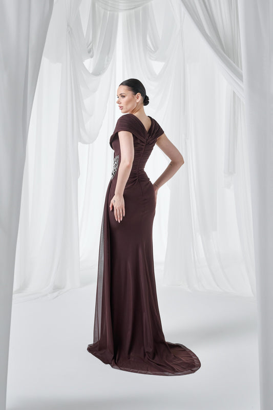 So Lady Model 4027 V Yaka Drapeli Taş Aplik Detaylı Uzun Abiye Elbise
