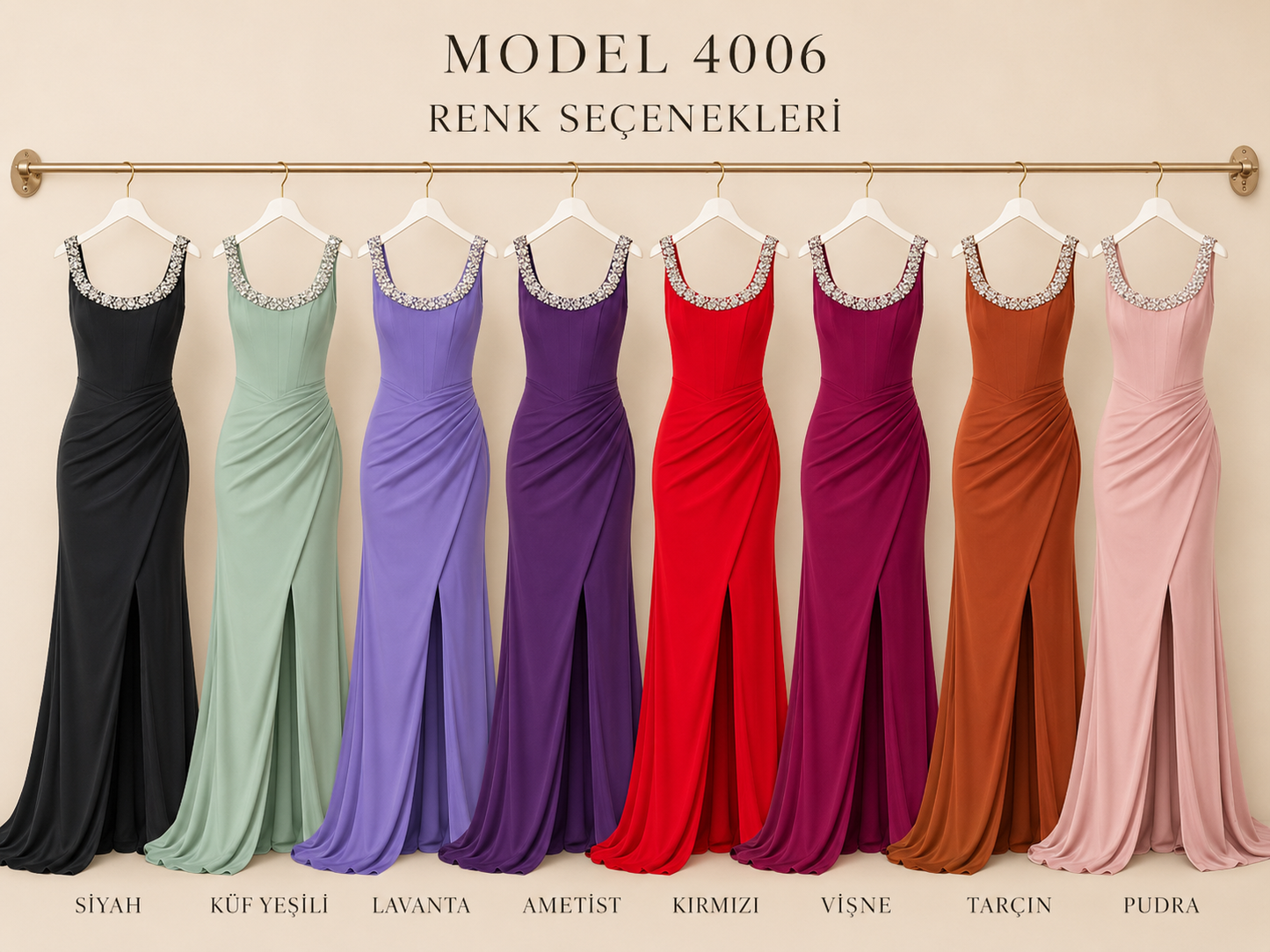 So Lady Model 4006 Taş İşlemeli Yaka Detaylı Drapeli Yırtmaçlı Uzun Abiye Elbise