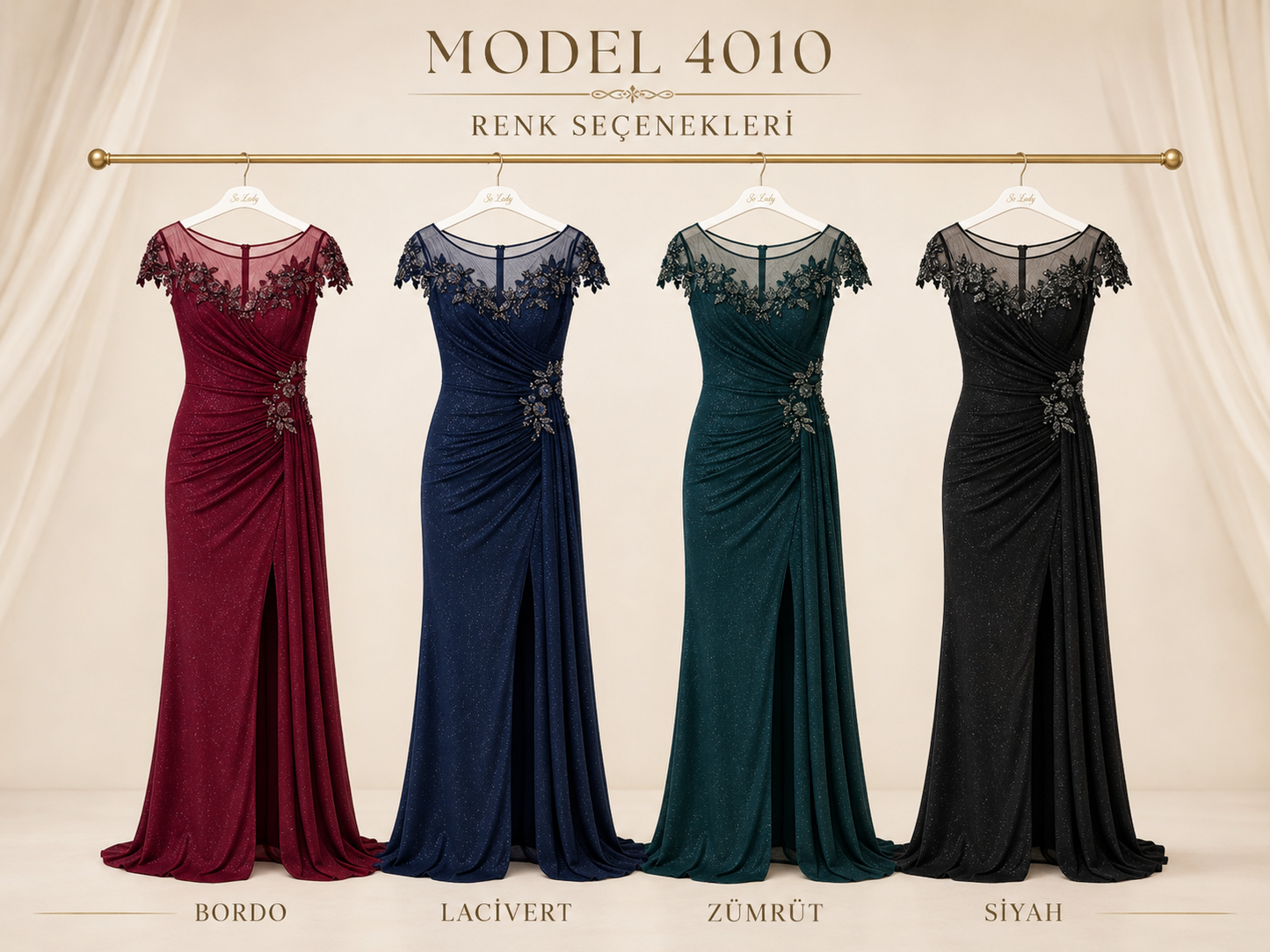 So Lady Model 4010 Tül Detaylı Aplike İşlemeli Yırtmaçlı Uzun Abiye Elbise