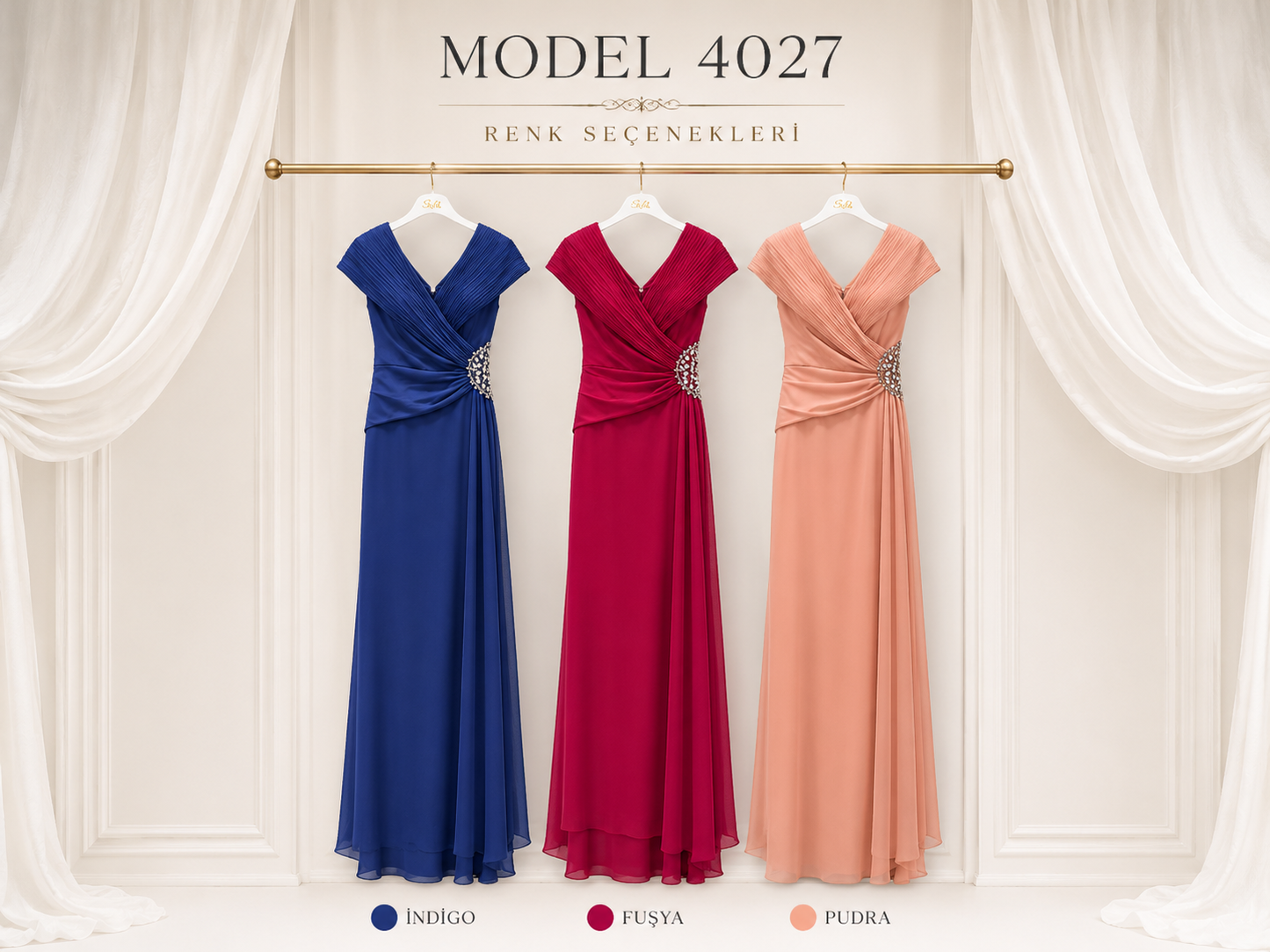 So Lady Model 4027 V Yaka Drapeli Taş Aplik Detaylı Uzun Abiye Elbise