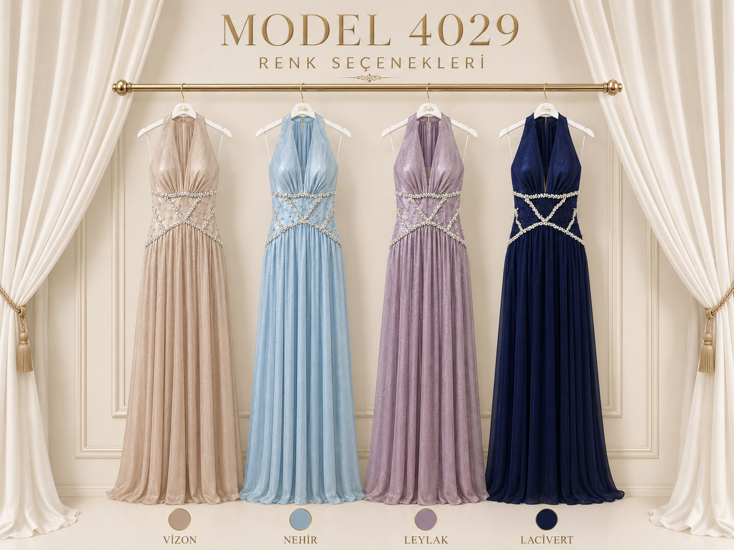 So Lady Model 4029 Halter Yaka Taş İşlemeli Piliseli Uzun Abiye Elbise