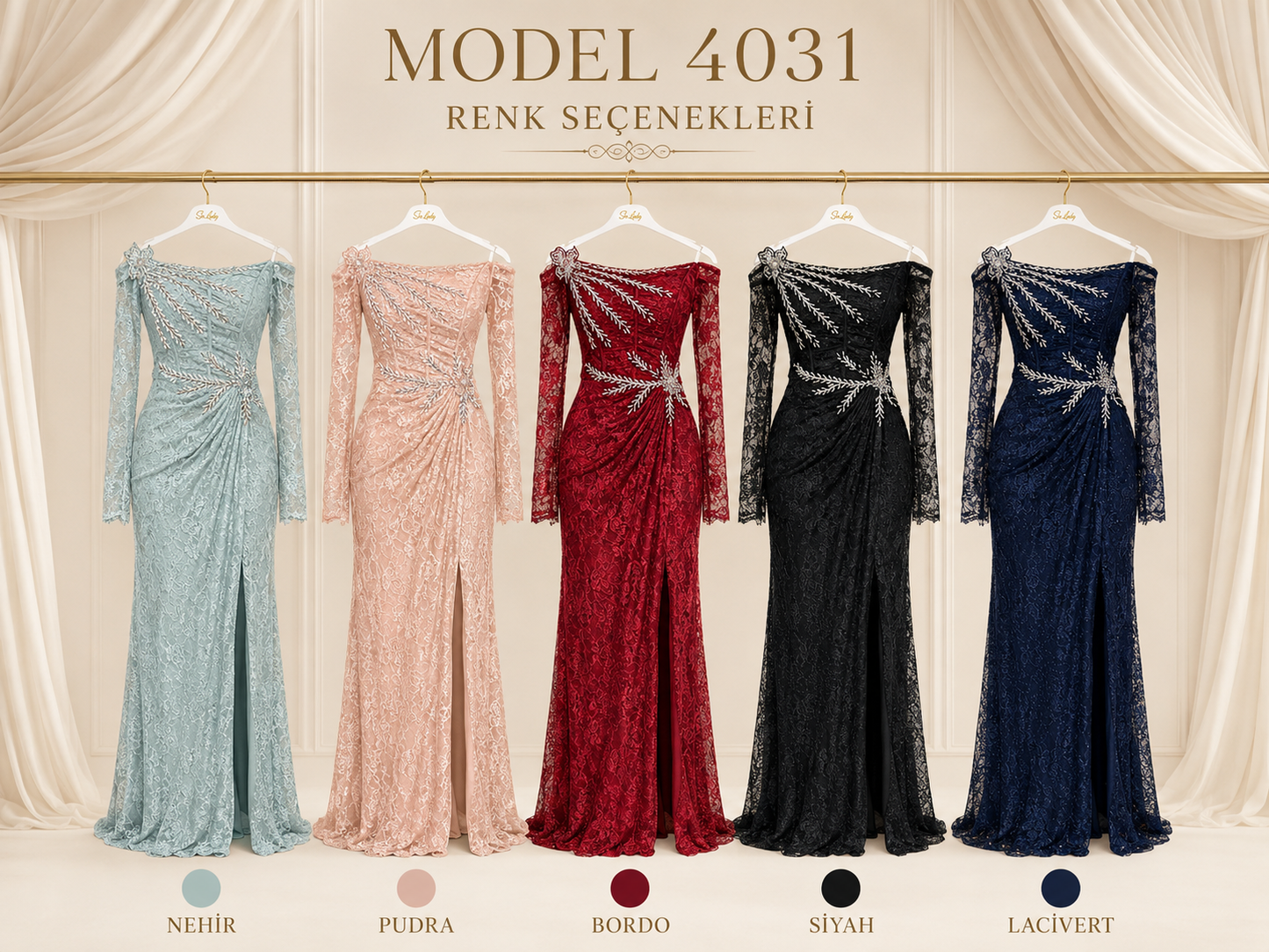 So Lady Model 4031 Düşük Omuz Dantel İşlemeli Drapeli Yırtmaçlı Uzun Abiye Elbise