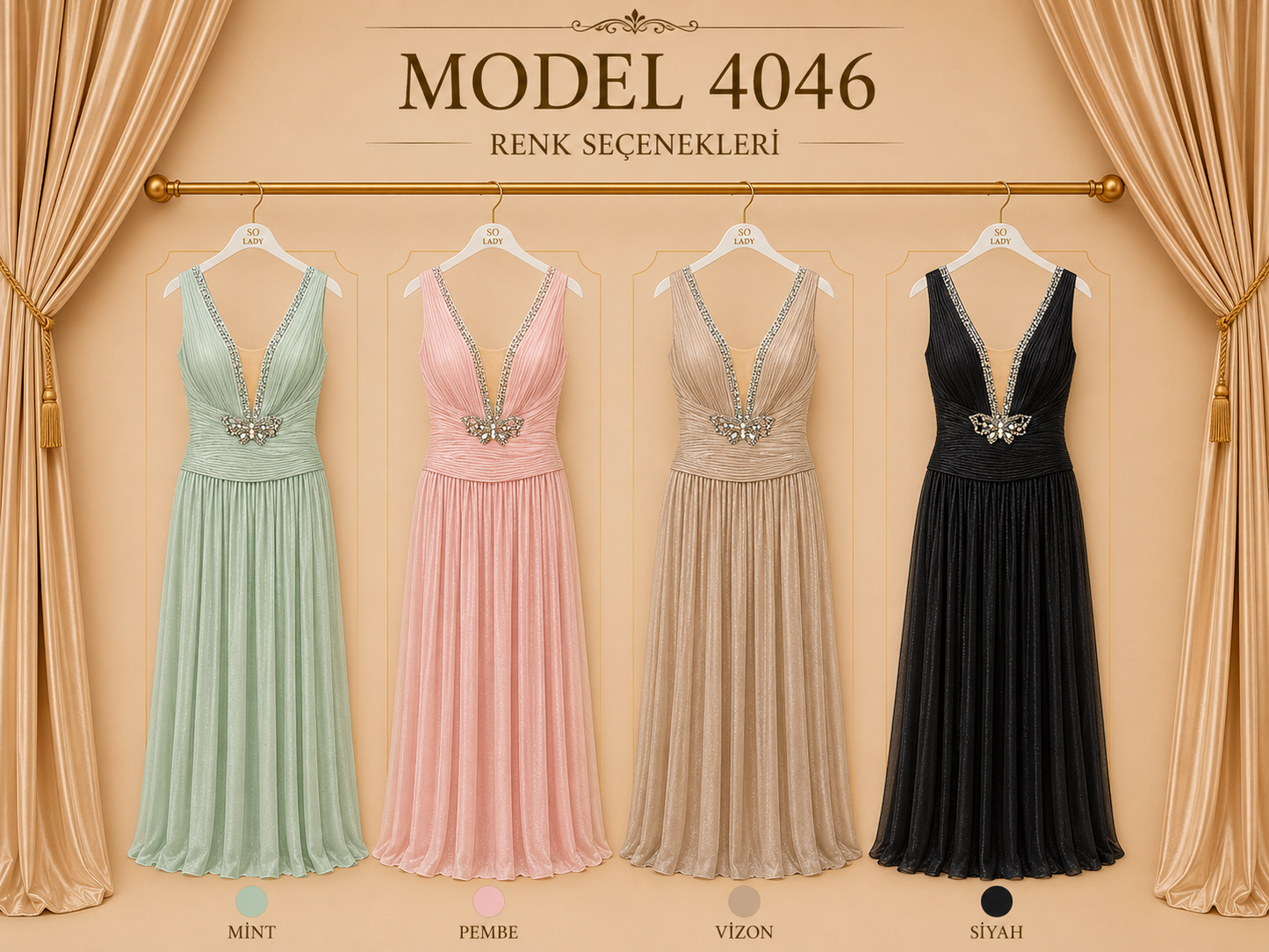 So Lady Model 4046 Taş İşlemeli V Yaka Uzun Abiye Elbise
