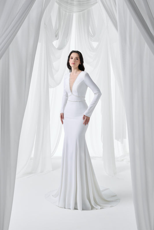 So Lady Model 3125 V Yaka Taş İşlemeli Uzun Kollu Balık Abiye Elbise