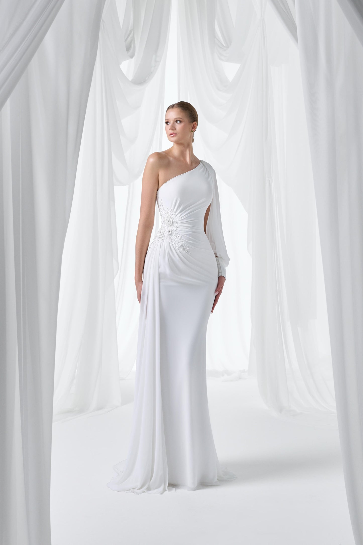 So Lady Model 3118 Tek Omuz Taş İşlemeli Drape Detaylı Uzun Abiye Elbise