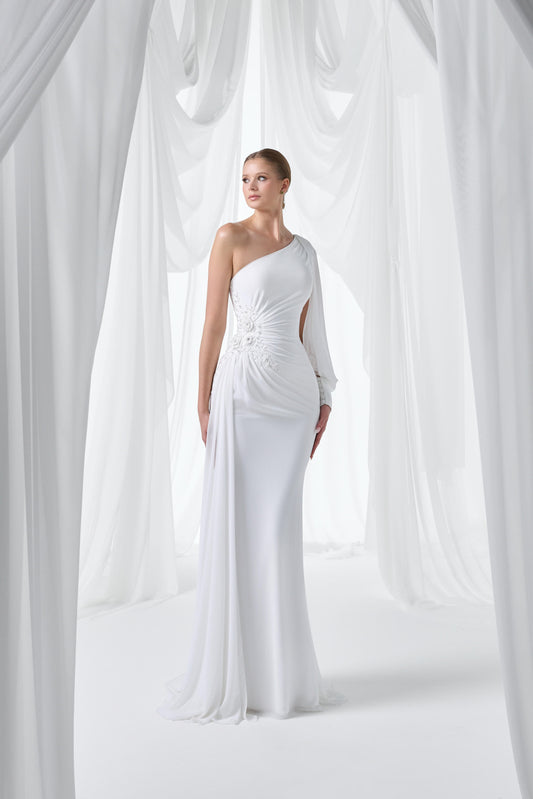So Lady Model 3118 Tek Omuz Taş İşlemeli Drape Detaylı Uzun Abiye Elbise