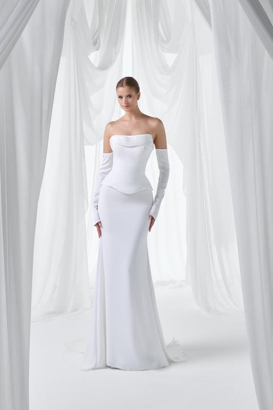 So Lady Model 3115 Düşük Omuz Uzun Kollu Peplum Detaylı Uzun Abiye Elbise