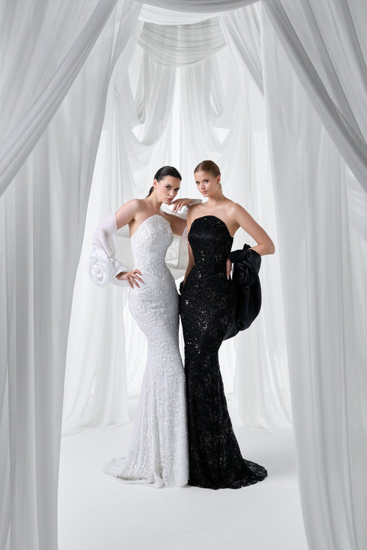 So Lady Model 4068 Straplez Çiçek Detaylı Dantel İşlemeli Uzun Abiye Elbise