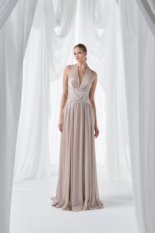 So Lady Model 4029 Halter Yaka Taş İşlemeli Piliseli Uzun Abiye Elbise
