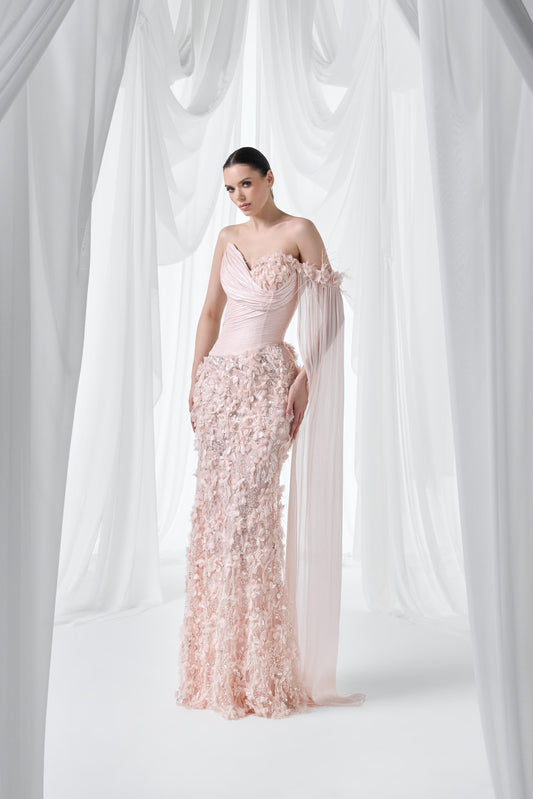So Lady Model 4086 Asimetrik Omuz Çiçek Aplikeli Uzun Abiye Elbise