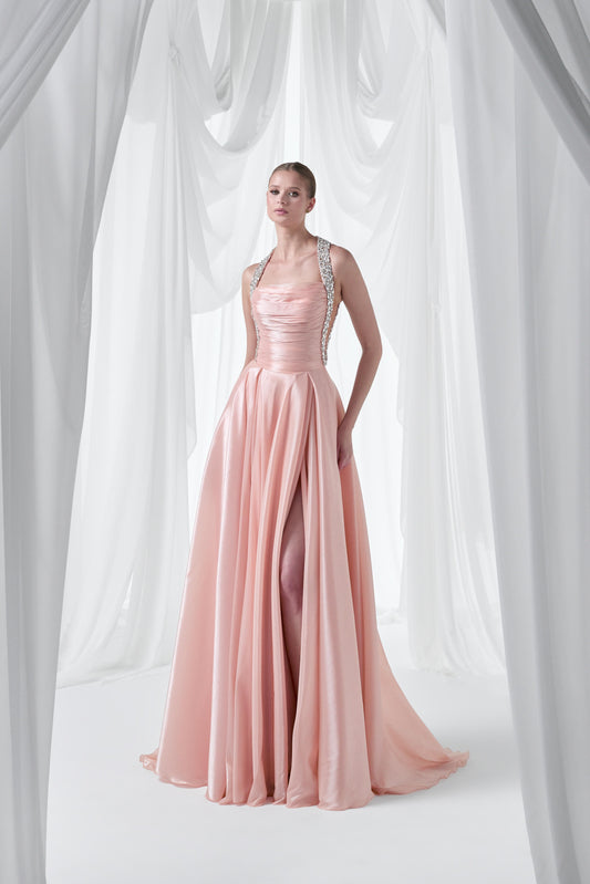 So Lady Model 4058 Taş Askılı Drapeli Yırtmaçlı Uzun Abiye Elbise