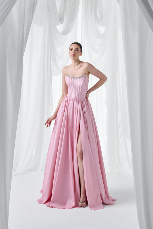 So Lady Model 4101 Straplez Korsajlı Taş Detaylı Yırtmaçlı Uzun Abiye Elbise