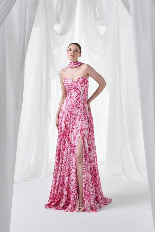 So Lady Model 3126 Straplez Desenli Şifon Şal Detaylı Uzun Abiye Elbise