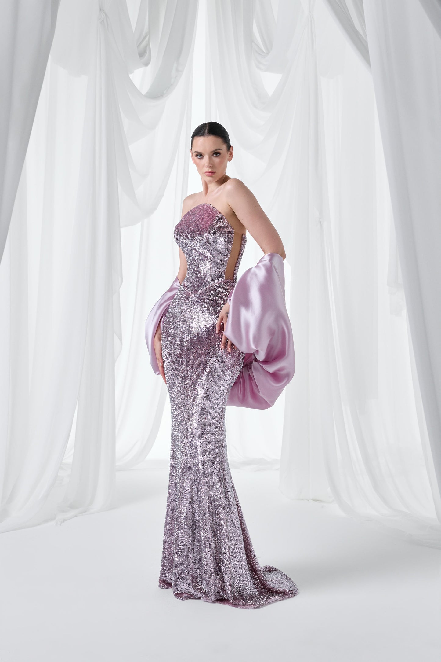 So Lady Model 4080 Straplez Payet İşlemeli Şal Detaylı Uzun Abiye Elbise