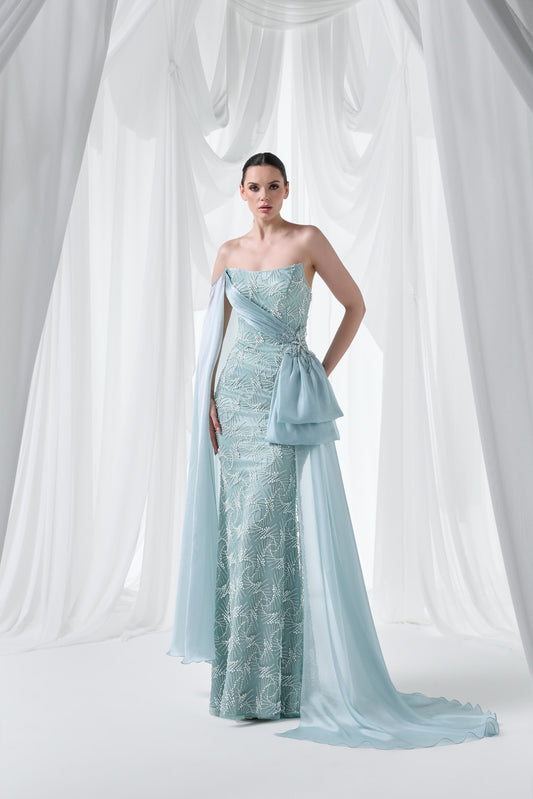 So Lady Model 4085 Şifon Detaylı Taş İşlemeli Uzun Abiye Elbise