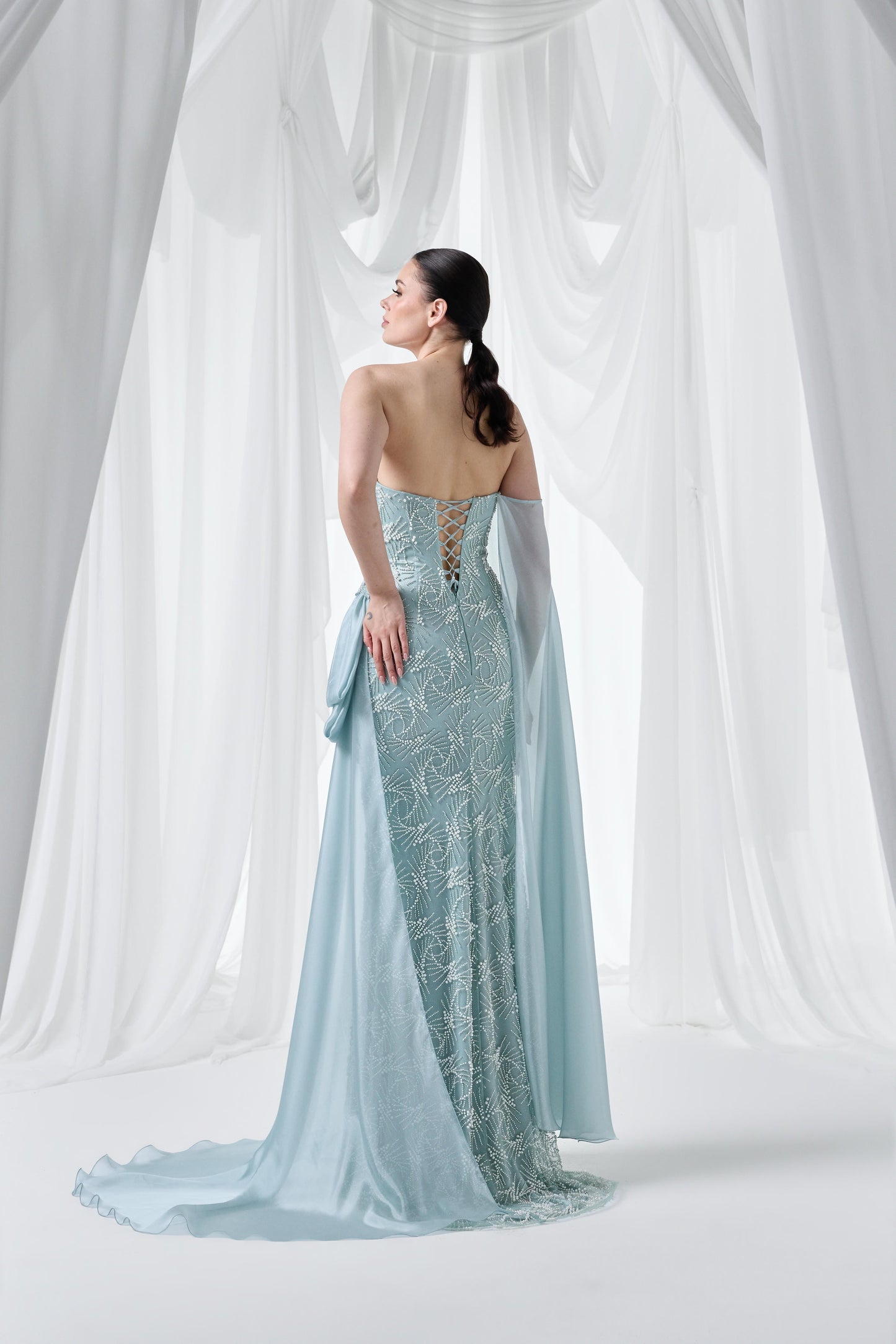 So Lady Model 4085 Şifon Detaylı Taş İşlemeli Uzun Abiye Elbise