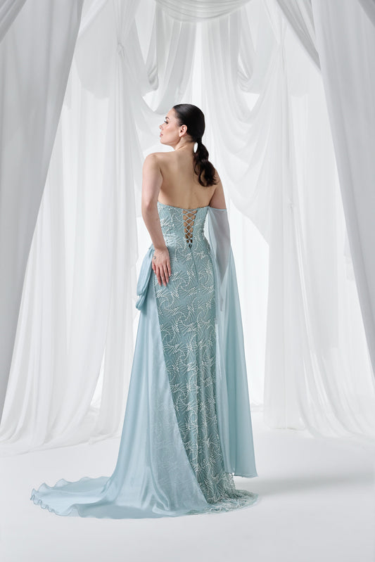 So Lady Model 4085 Şifon Detaylı Taş İşlemeli Uzun Abiye Elbise