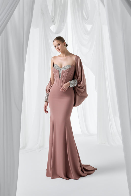 So Lady Model 4079 Straplez Taş İşlemeli Şal Detaylı Uzun Abiye Elbise
