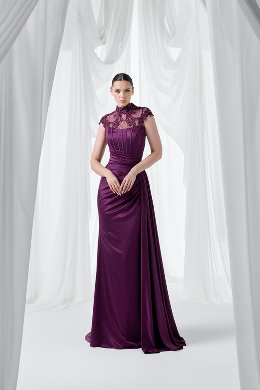 So Lady Model 4002 Dantel Yakalı Drapeli Uzun Abiye Elbise