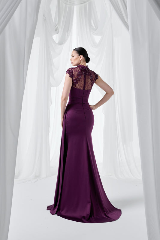 So Lady Model 4002 Dantel Yakalı Drapeli Uzun Abiye Elbise