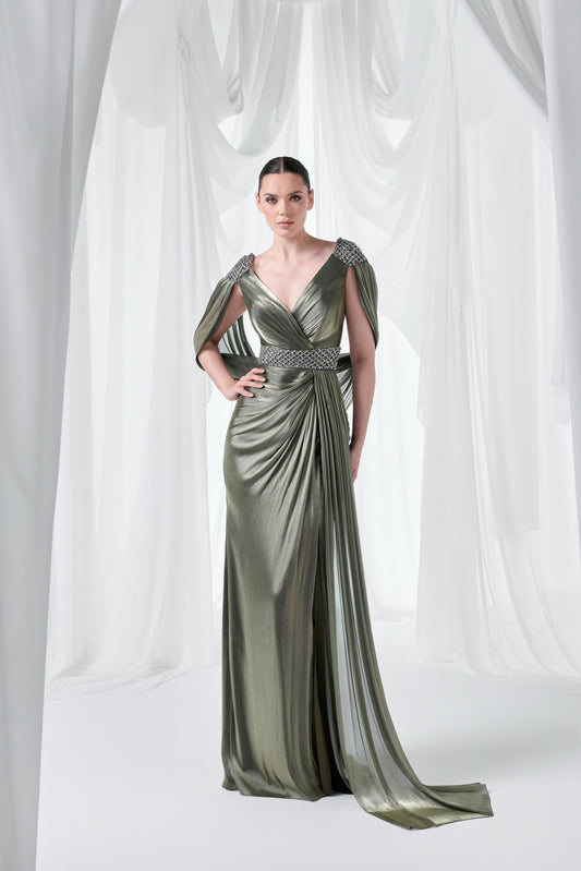 So Lady Model 4052 V Yaka Taş İşlemeli Drapeli Uzun Abiye Elbise