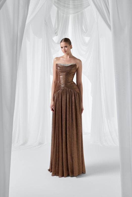 So Lady Model 4044 Straplez Taş Detaylı Piliseli Uzun Abiye Elbise