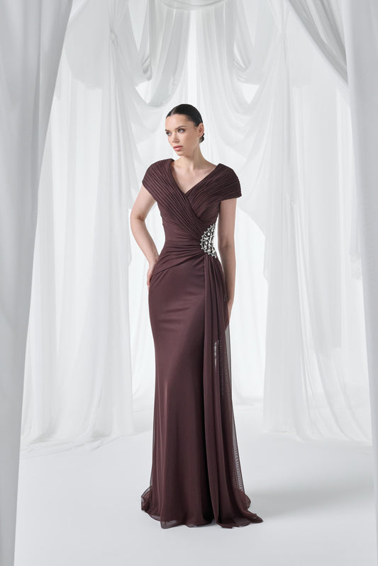 So Lady Model 4027 V Yaka Drapeli Taş Aplik Detaylı Uzun Abiye Elbise
