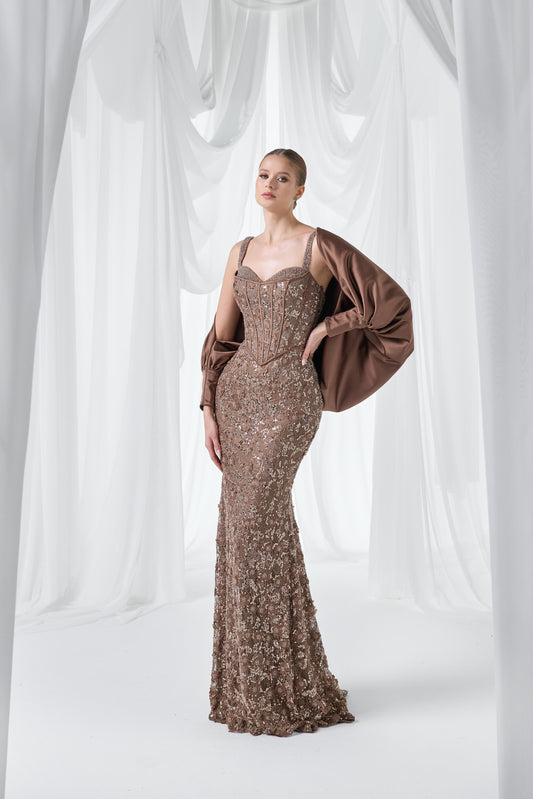 So Lady Model 4074 Askılı Korse Detaylı Taş İşlemeli Şal Detaylı Uzun Abiye Elbise