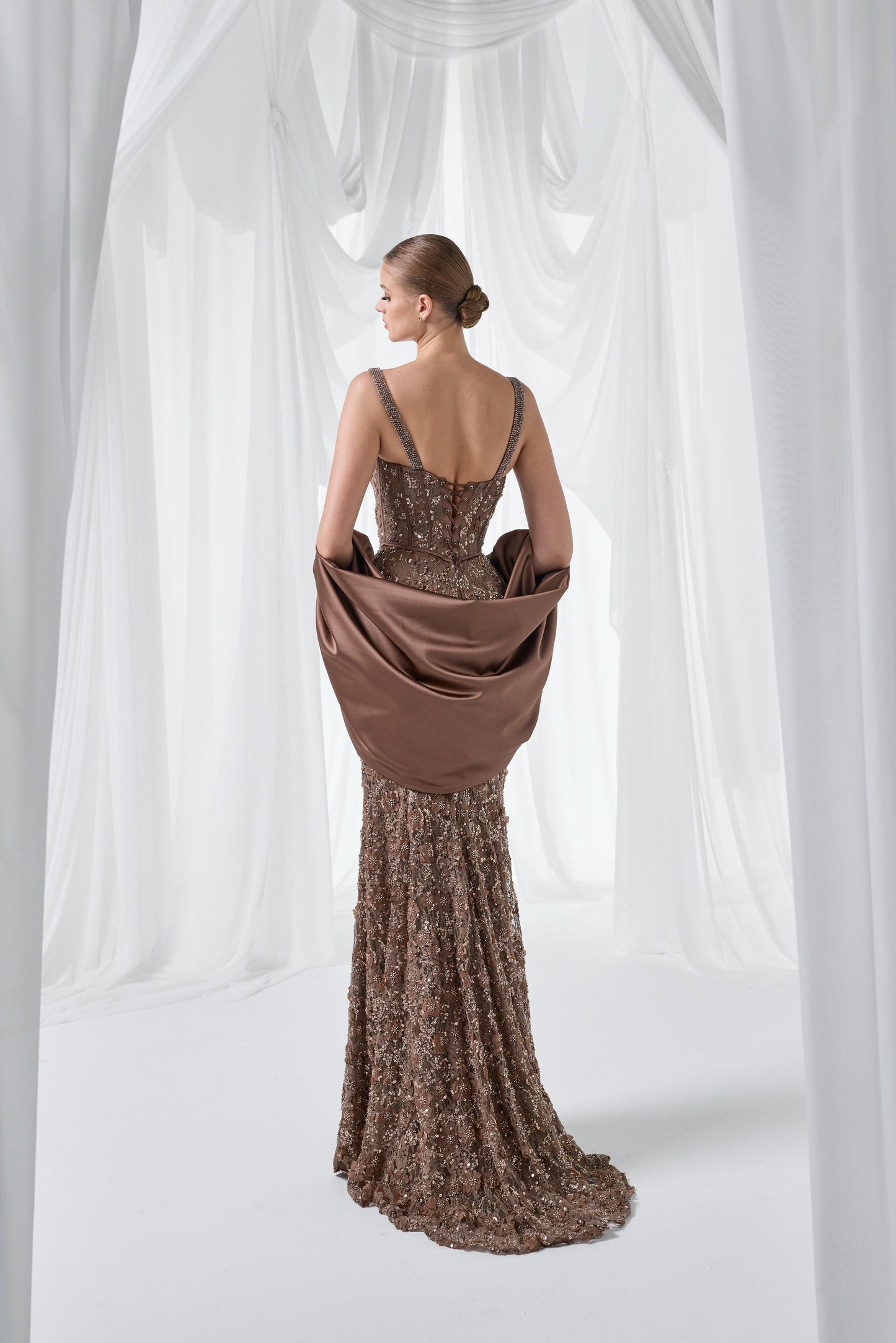So Lady Model 4074 Askılı Korse Detaylı Taş İşlemeli Şal Detaylı Uzun Abiye Elbise