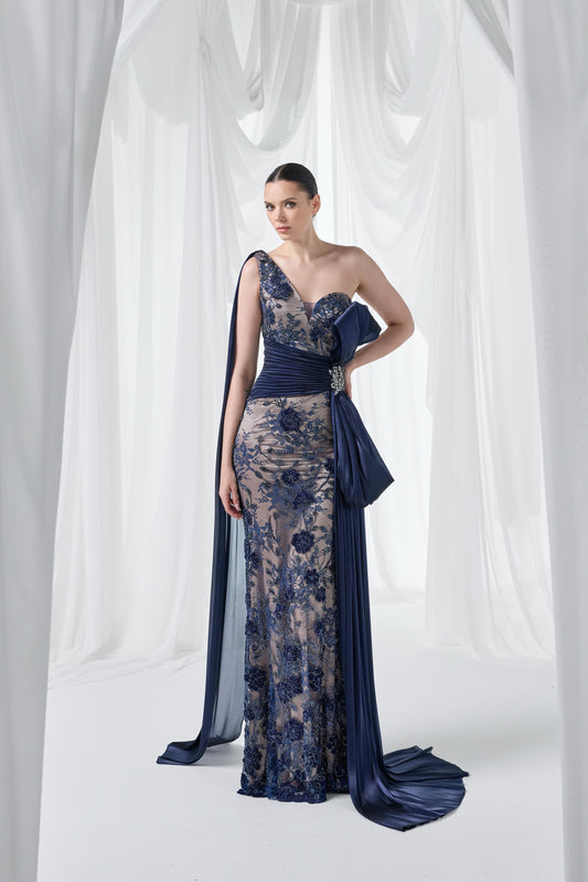 So Lady Model 4096 Tek Omuz Drape Detaylı İşlemeli Uzun Abiye Elbise