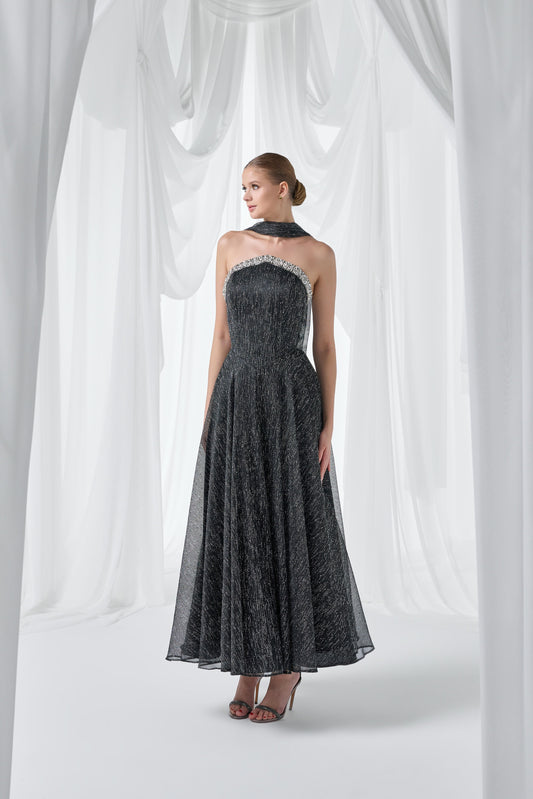 So Lady Model 4064 Straplez Taş Detaylı Simli Midi Abiye Elbise
