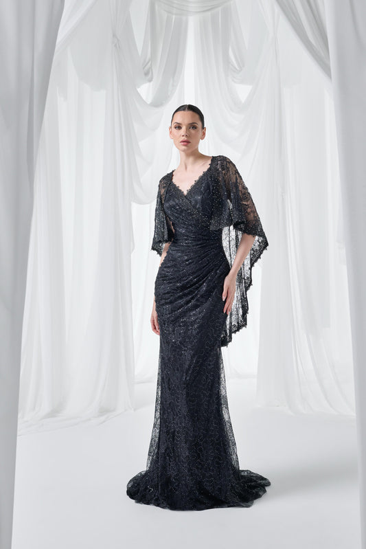 So Lady Model 4020 V Yaka Pelerin Kollu Drapeli Uzun Abiye Elbise