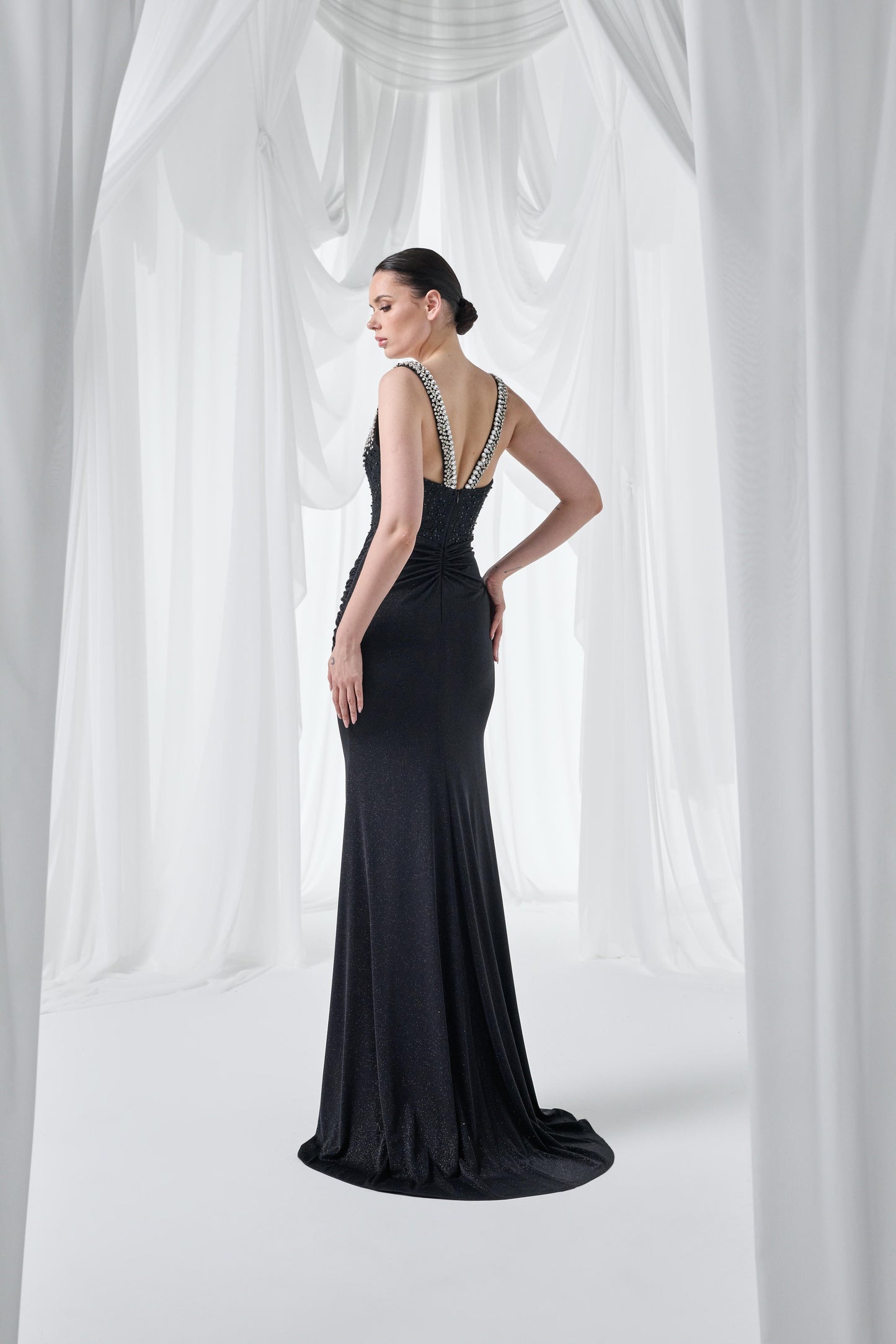 So Lady Model 4012 Taş Askılı Drapeli Uzun Abiye Elbise