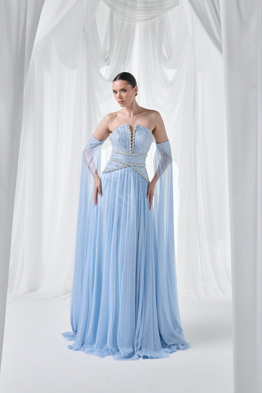 So Lady Model 4102 Straplez Taş İşlemeli Tül Uzun Abiye Elbise
