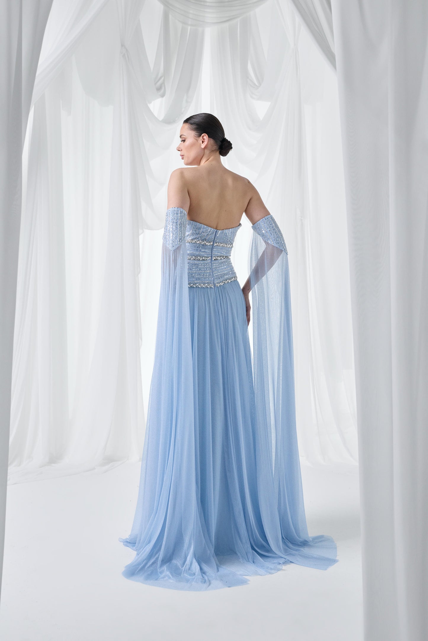 So Lady Model 4102 Straplez Taş İşlemeli Tül Uzun Abiye Elbise