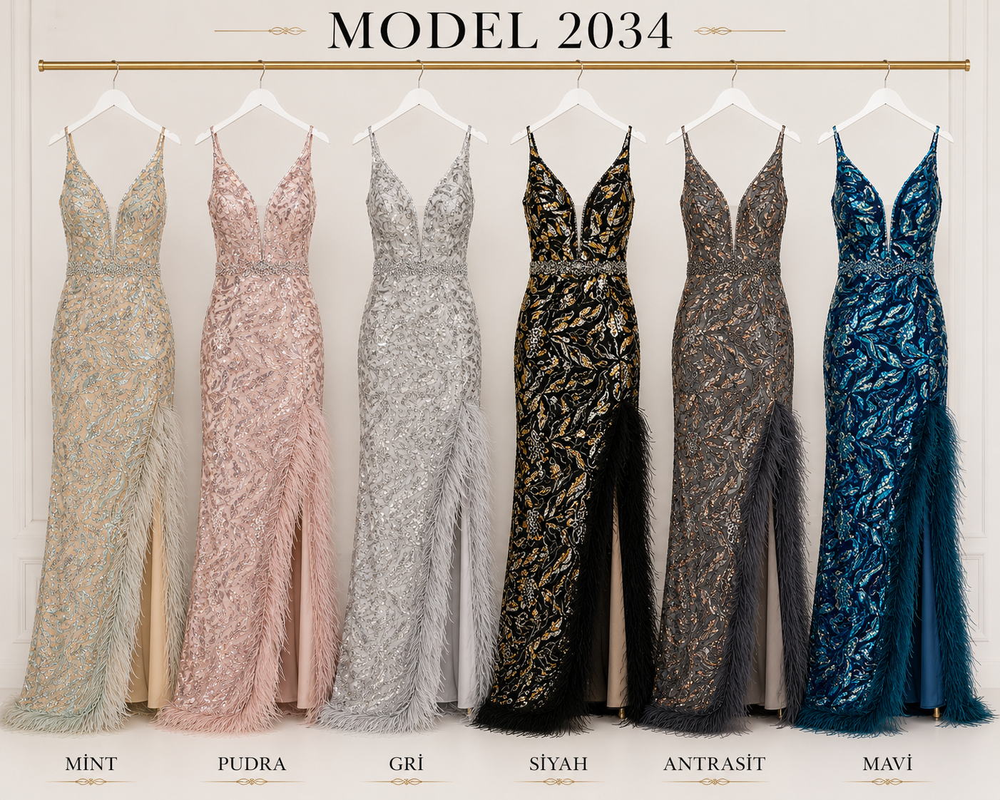 So Lady Model 2034 Tüy Detaylı Payet İşlemeli Uzun Abiye Elbise