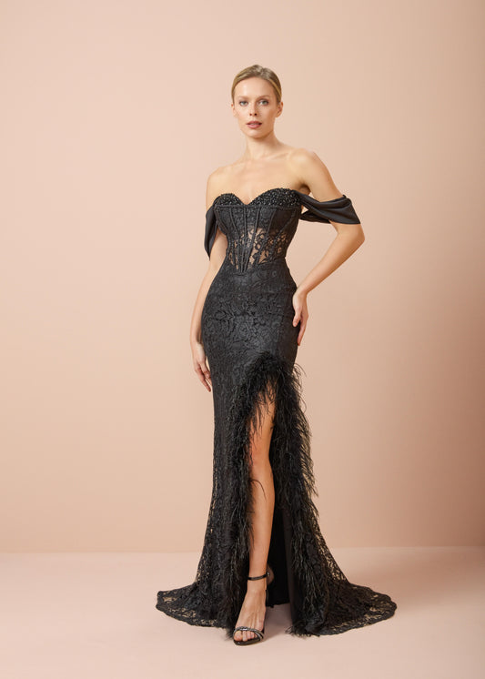 So Lady Model 2045 Tüy Detaylı Dantel Korse Uzun Abiye Elbise