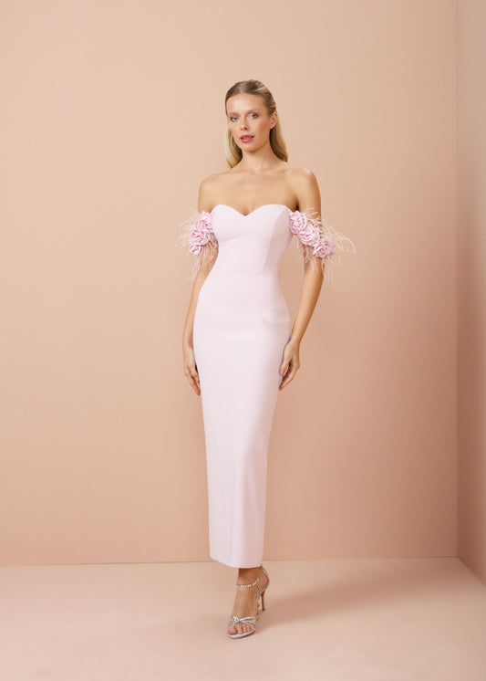 So Lady Model 3019 Straplez Çiçek Detaylı Midi Abiye Elbise