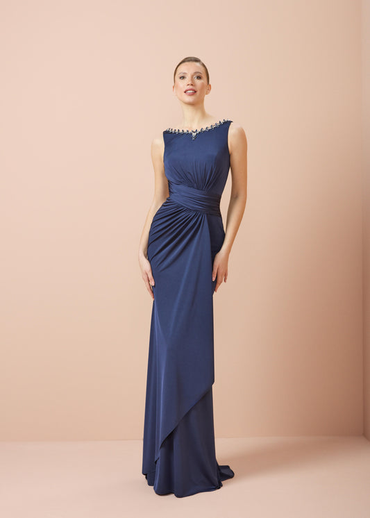 So Lady Model 3038 Taş İşlemeli Kayık Yaka Drapeli Uzun Abiye Elbise