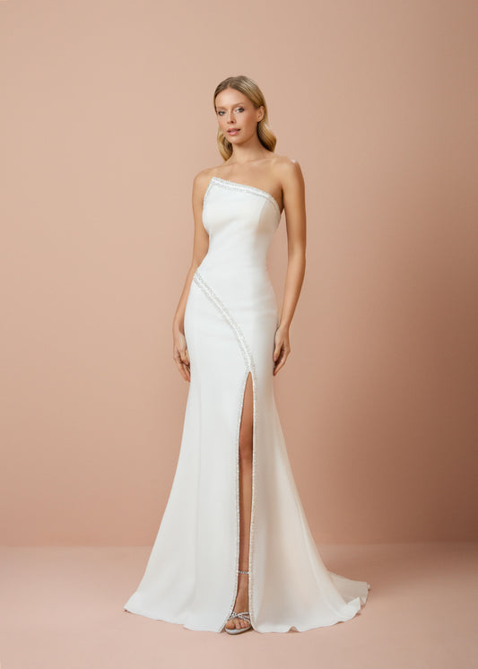 So Lady Model 3043 Taş İşlemeli Asimetrik Yaka Uzun Abiye Elbise