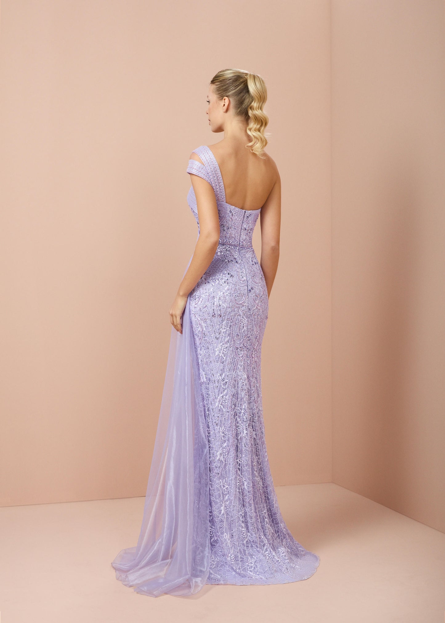 So Lady Model 3050 Tek Omuz Dantel ve Payet İşlemeli Uzun Abiye Elbise