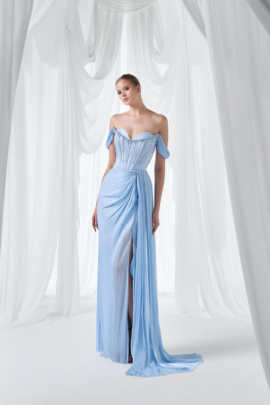 So Lady Model 3051 Taş İşlemeli Drapeli Uzun Abiye Elbise