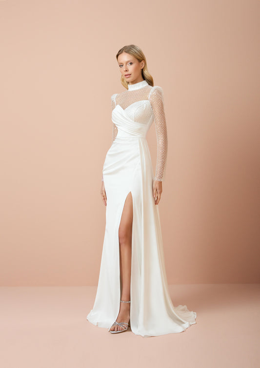 So Lady Model 3069 Transparan Kollu İşlemeli Uzun Abiye Elbise