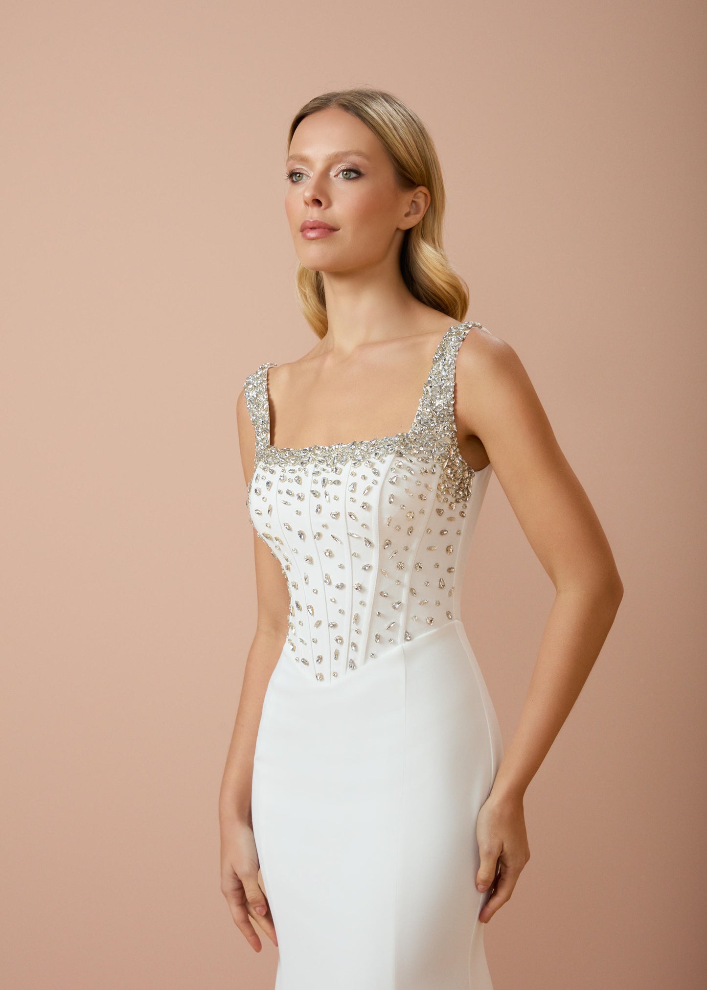 So Lady Model 3086 Kare Yaka Taş İşlemeli Balık Form Uzun Abiye Elbise