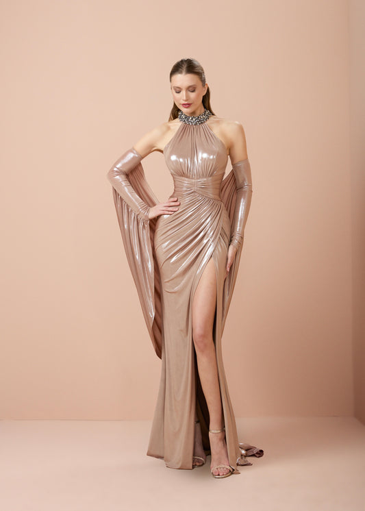 So Lady Model 3107 Taş İşlemeli Halter Yaka Parlak Uzun Abiye Elbise