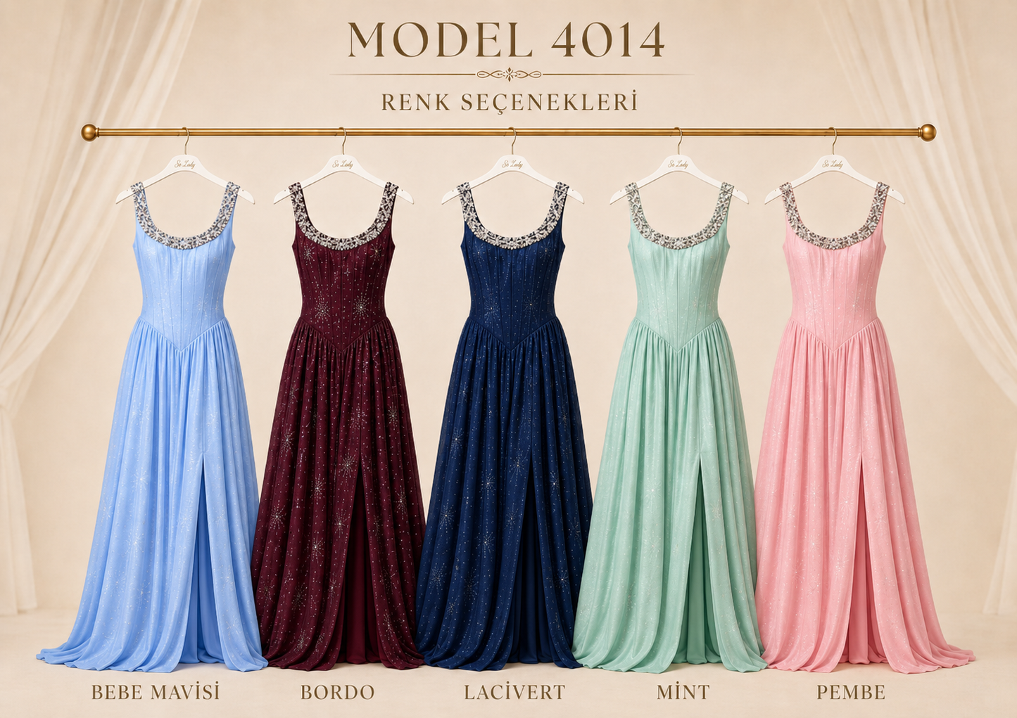 So Lady Model 4014 Taş İşlemeli Askılı Yırtmaçlı Prenses Kesim Uzun Abiye Elbise