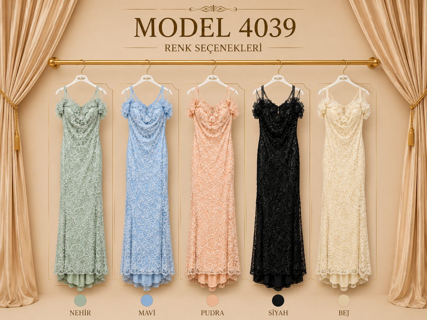 So Lady Model 4039 Düşük Omuz Çiçek Aplikeli İşlemeli Uzun Abiye Elbise