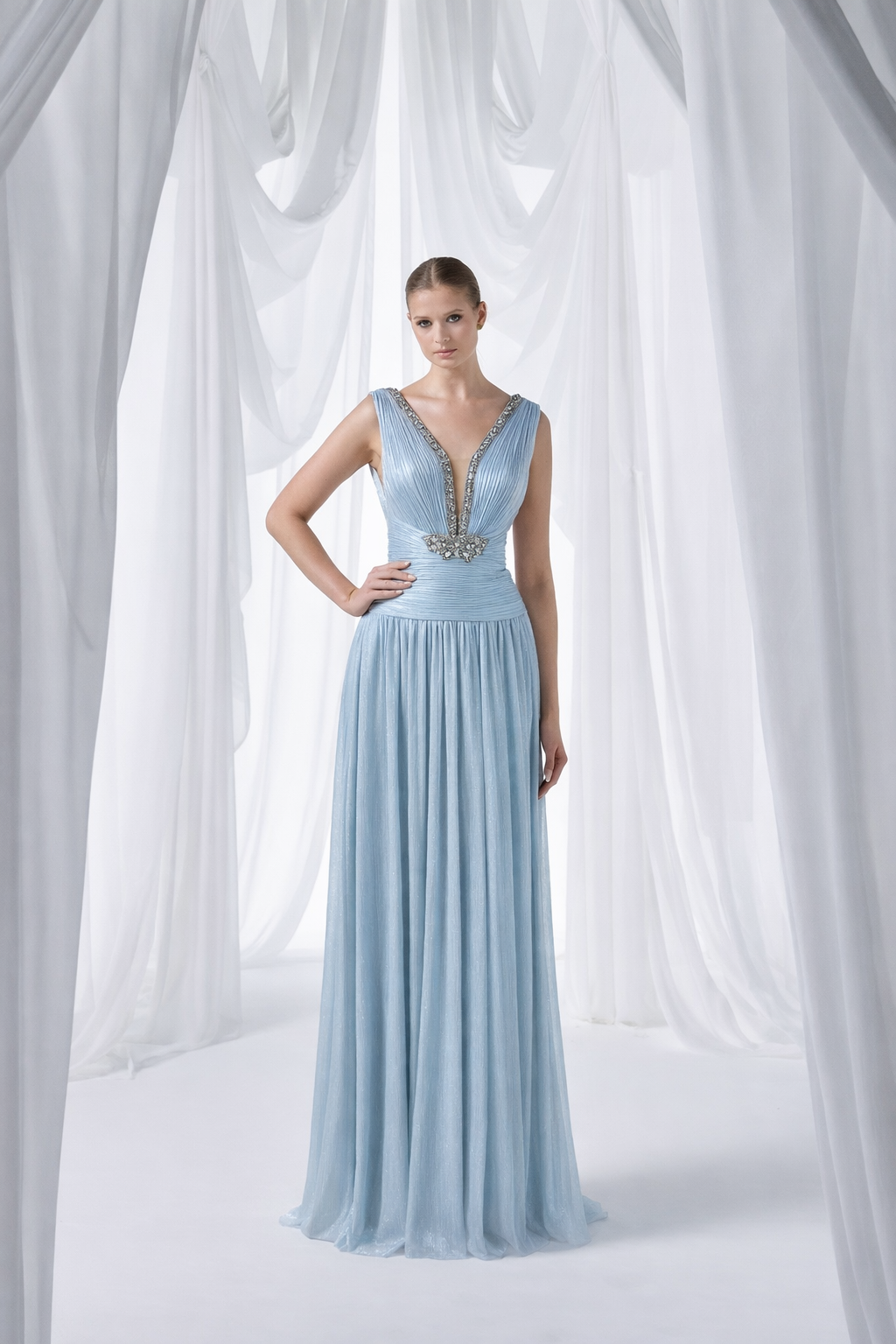So Lady Model 4046 Taş İşlemeli V Yaka Uzun Abiye Elbise