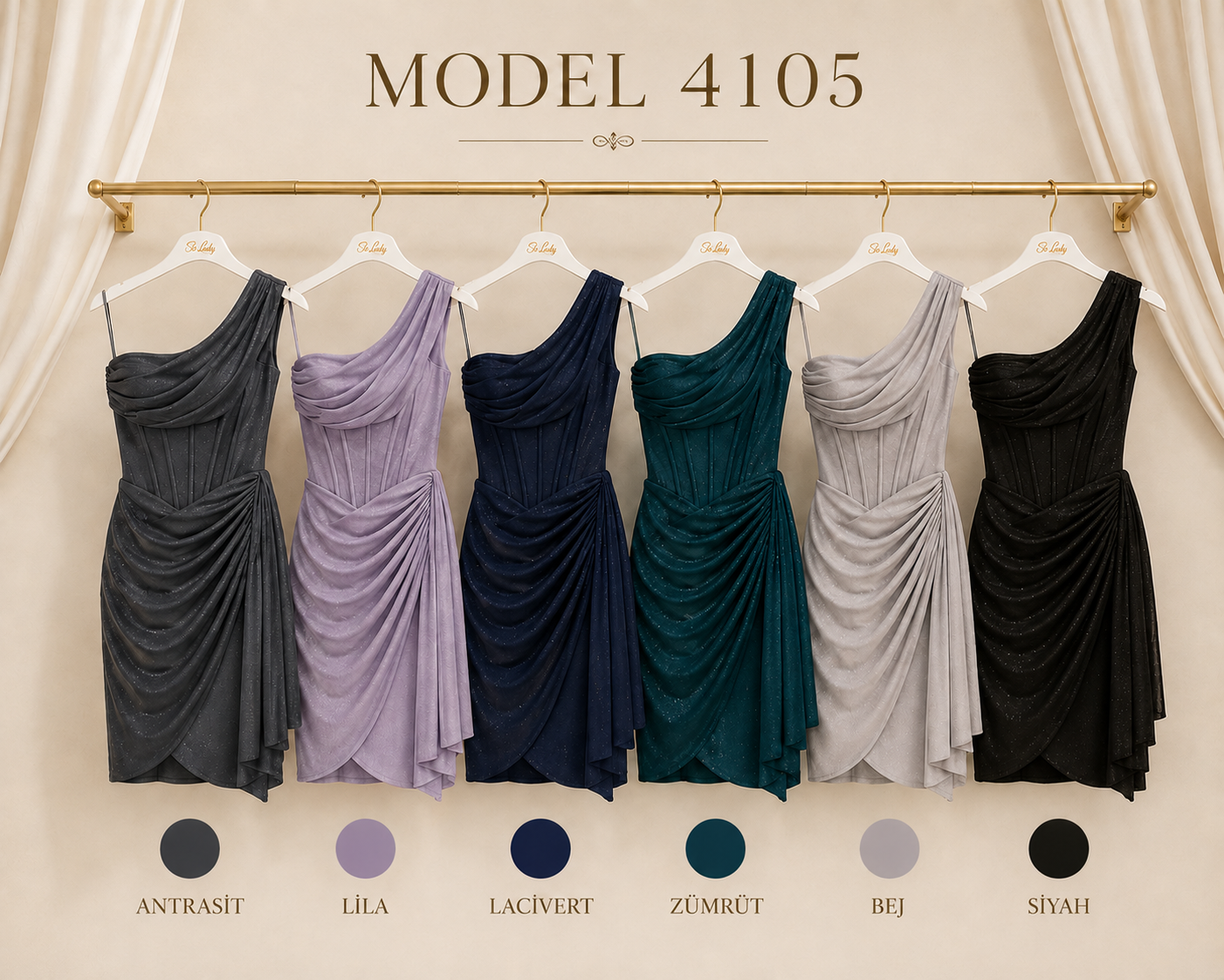 So Lady Model 4105 Tek Omuz Korsajlı Drapeli Kısa Abiye Elbise
