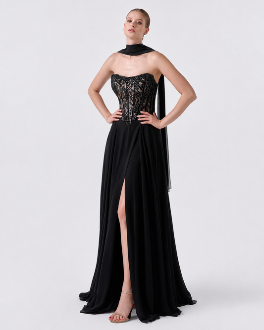 So Lady Model 4106 Straplez Korsajlı Şal Detaylı Yırtmaçlı Uzun Abiye Elbise